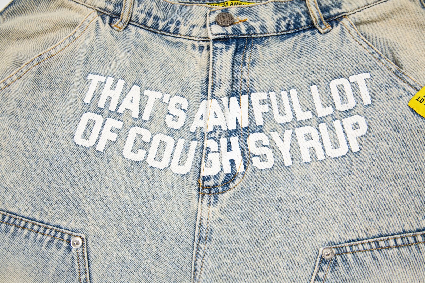 THAT'S A AWFUL LOT OF COUGH SYRUP Washed Denim Graphic Shorts — detail