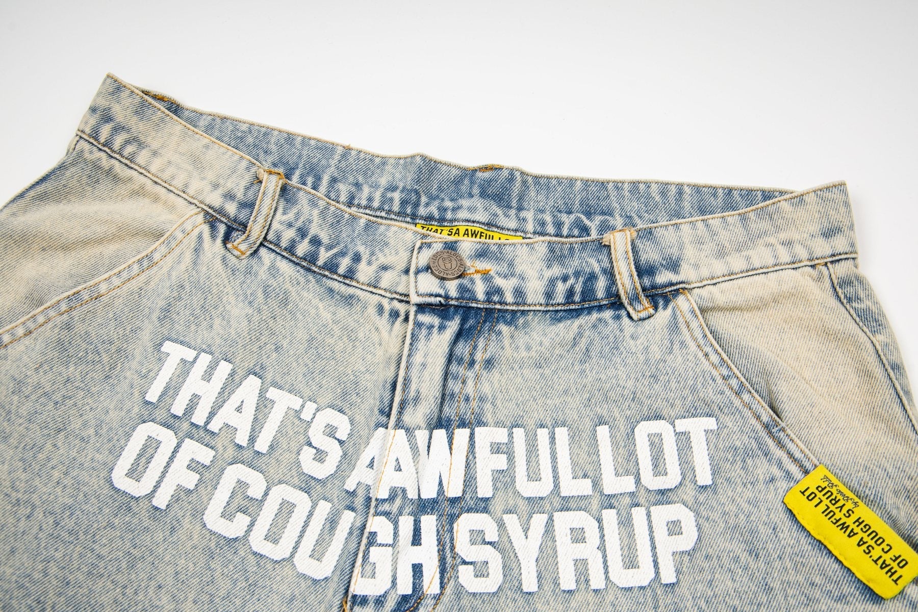 THAT'S A AWFUL LOT OF COUGH SYRUP Washed Denim Graphic Shorts — detail