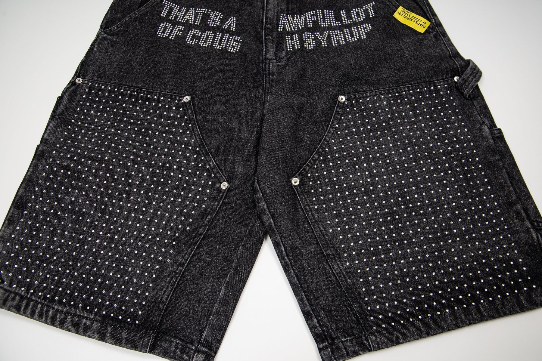 THAT'S A AWFUL LOT OF COUGH SYRUP Rhinestone Washed Denim Shorts — detail