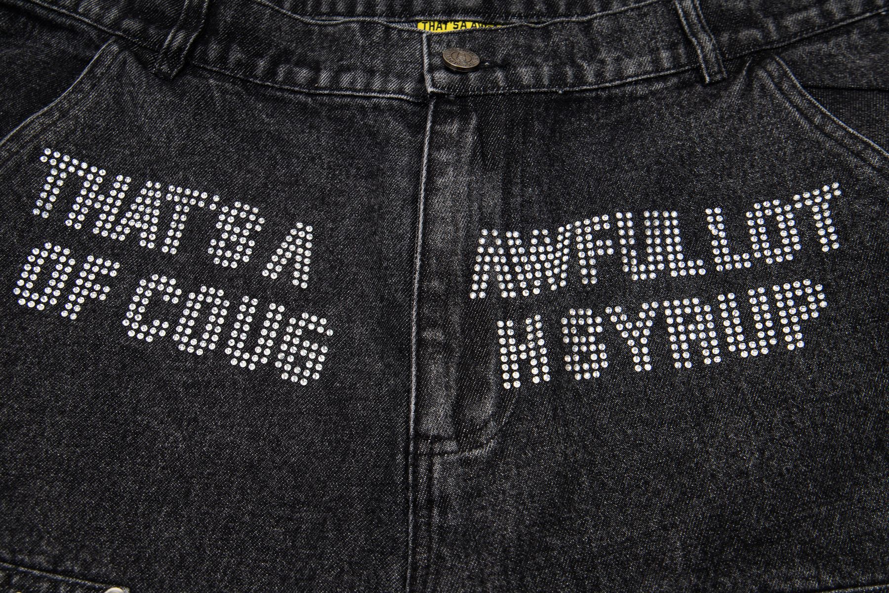 THAT'S A AWFUL LOT OF COUGH SYRUP Rhinestone Washed Denim Shorts — detail