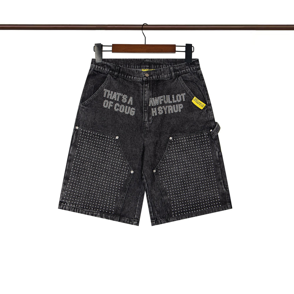 THAT'S A AWFUL LOT OF COUGH SYRUP Rhinestone Washed Denim Shorts — hero
