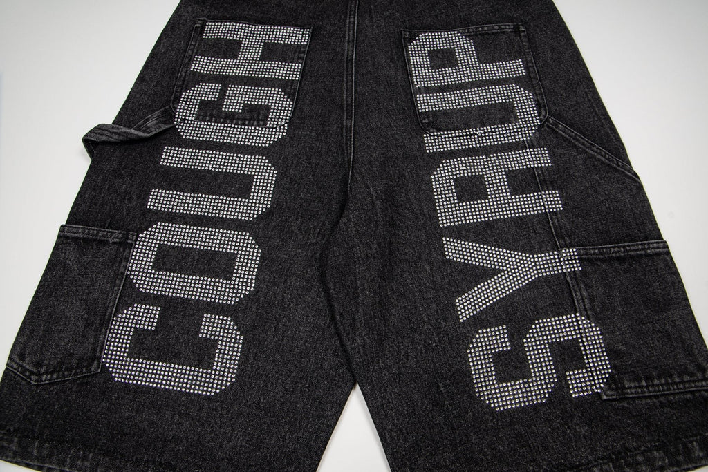 THAT'S A AWFUL LOT OF COUGH SYRUP Rhinestone Washed Denim Shorts — detail