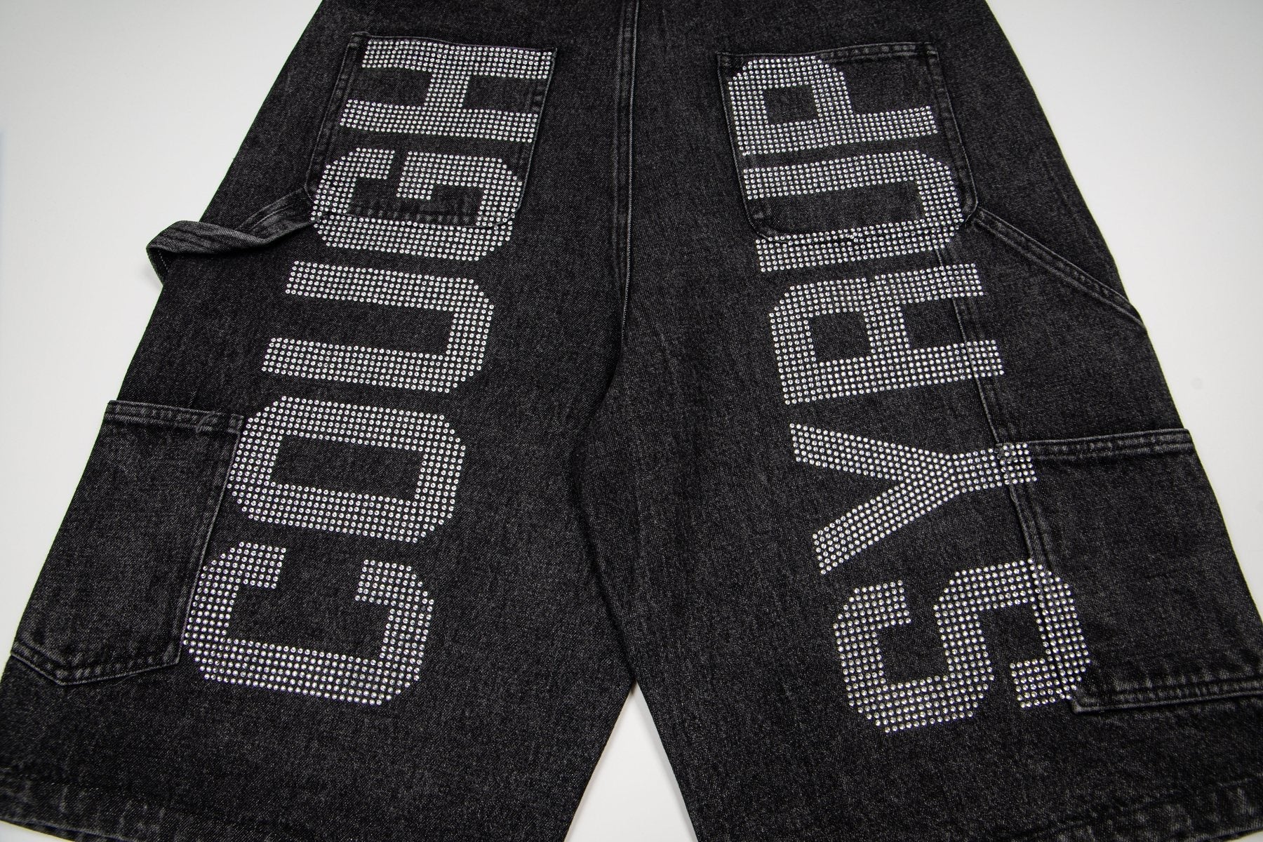 THAT'S A AWFUL LOT OF COUGH SYRUP Rhinestone Washed Denim Shorts — detail