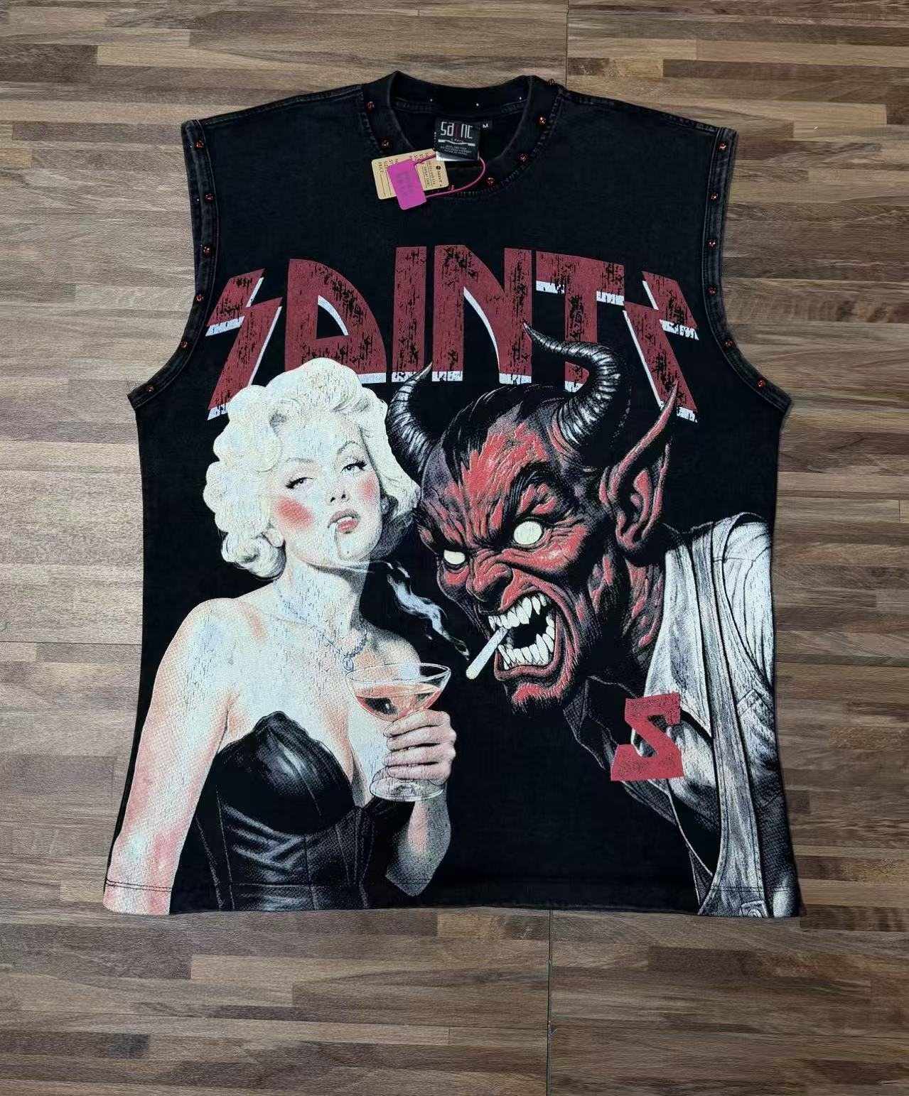 SAINT Washed Black Rhinestone Rock Graphic Sleeveless T-Shirt — hero