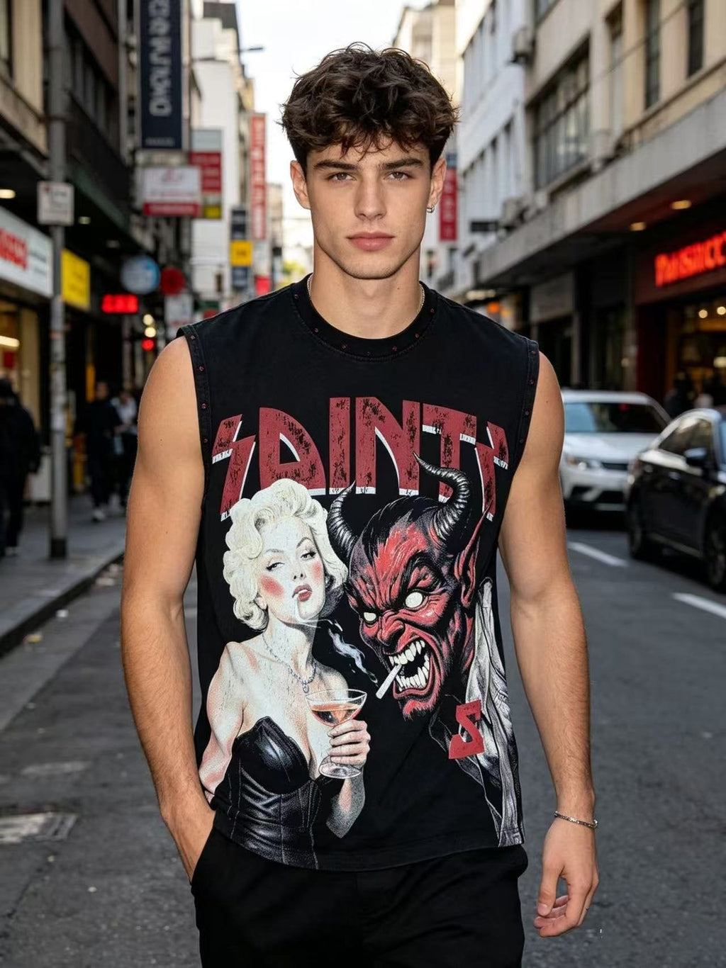 SAINT Washed Black Rhinestone Rock Graphic Sleeveless T-Shirt — model