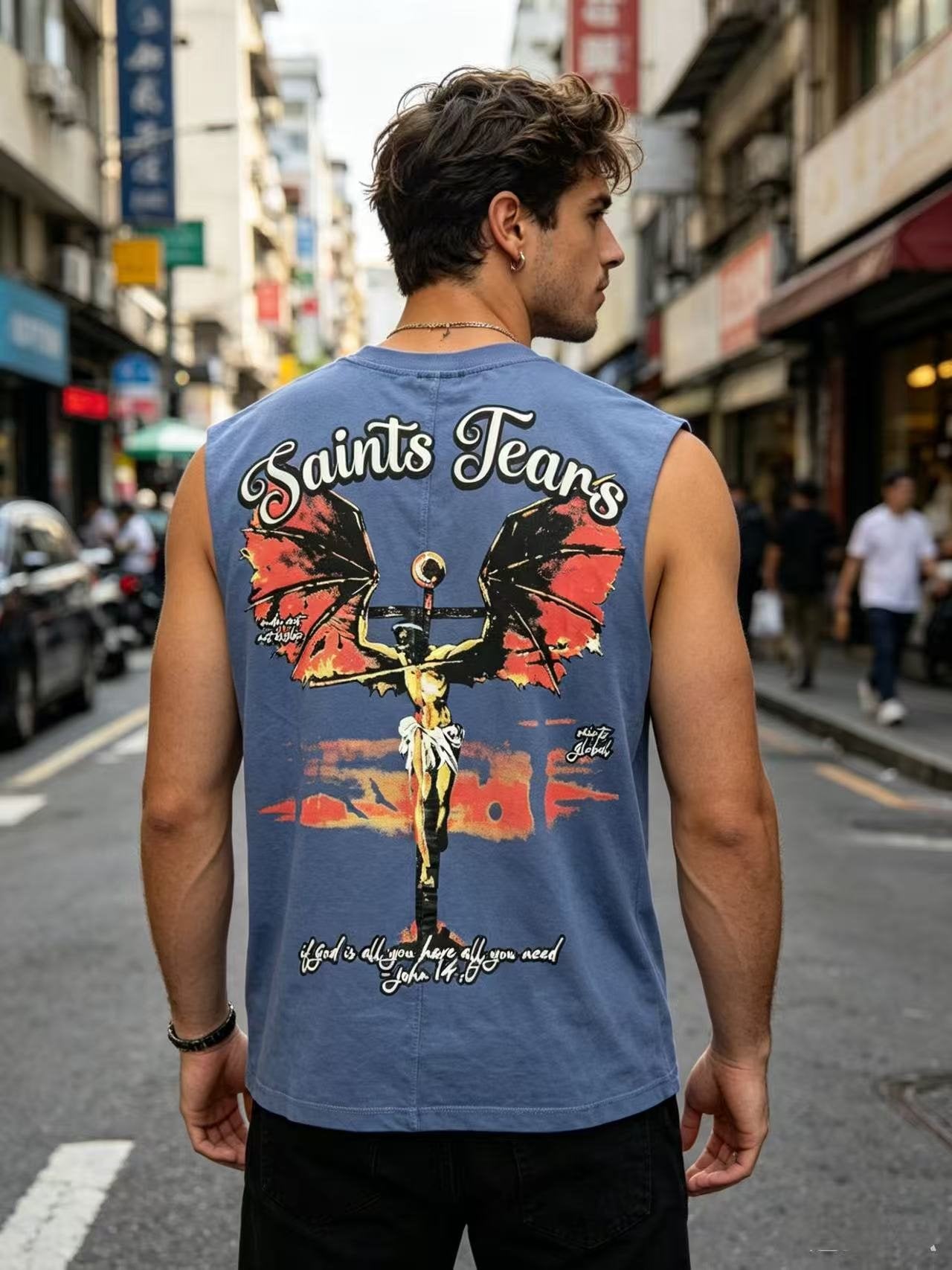 SAINT Tears & Crucifix Graphic Sleeveless T-Shirt — model