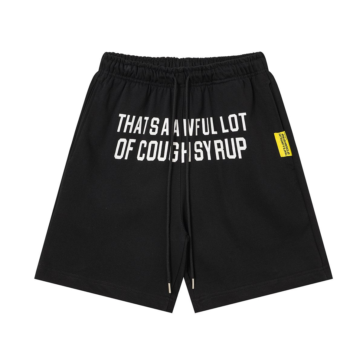 THAT'S A AWFUL LOT OF COUGH SYRUP Black Graphic Shorts — front