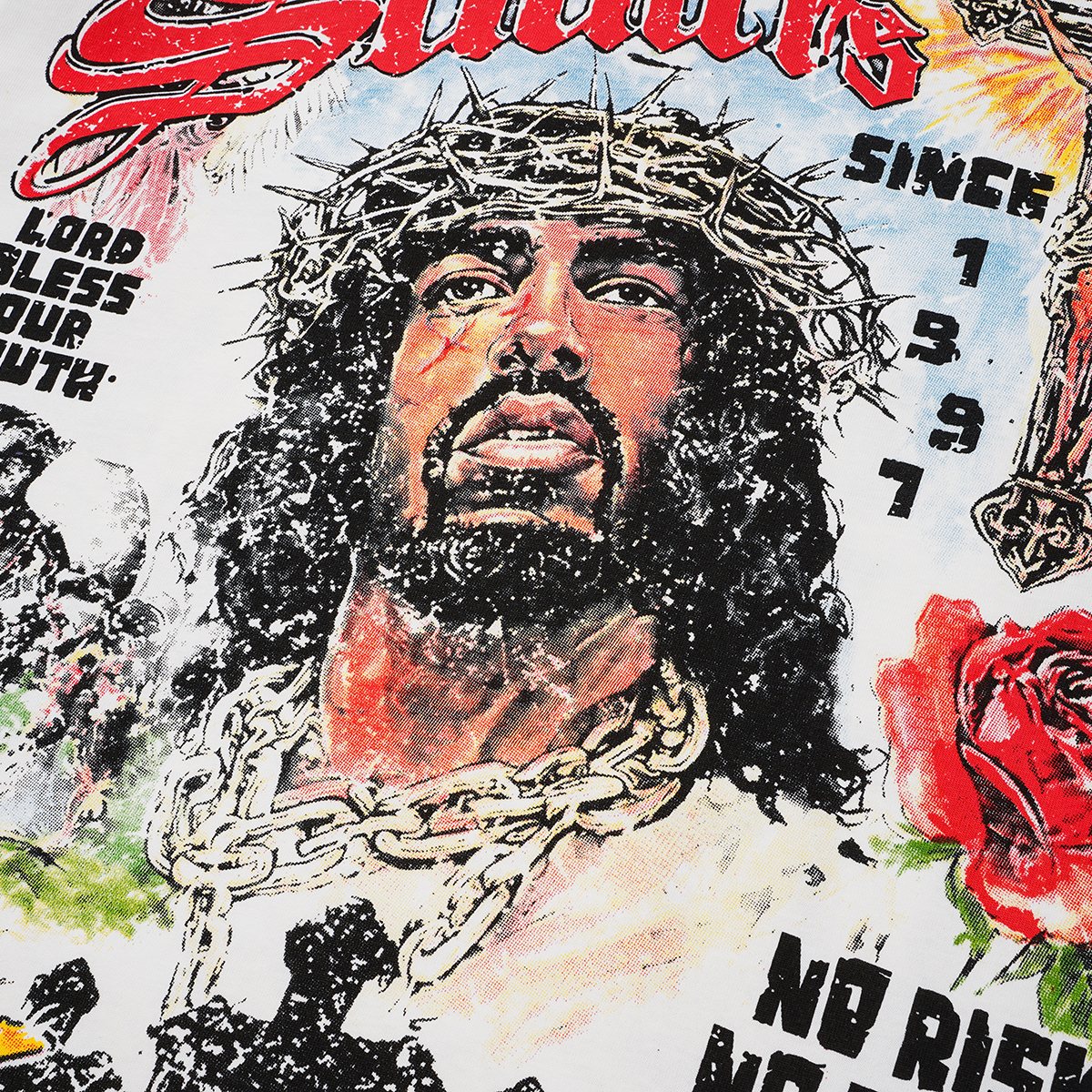 SAINT Religious-Inspired Graphic Short-Sleeve T-Shirt — detail
