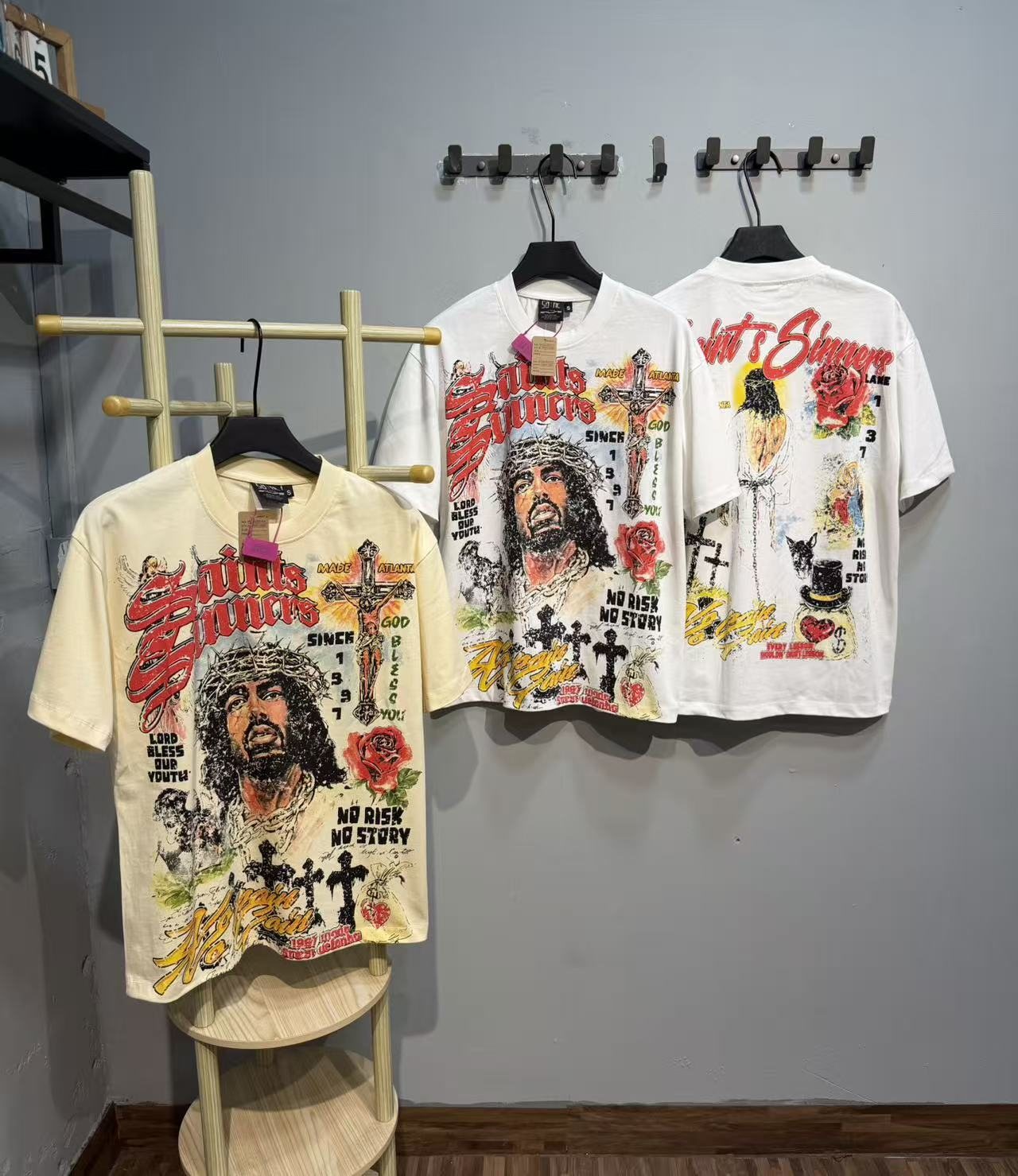 SAINT Religious-Inspired Graphic Short-Sleeve T-Shirt — context