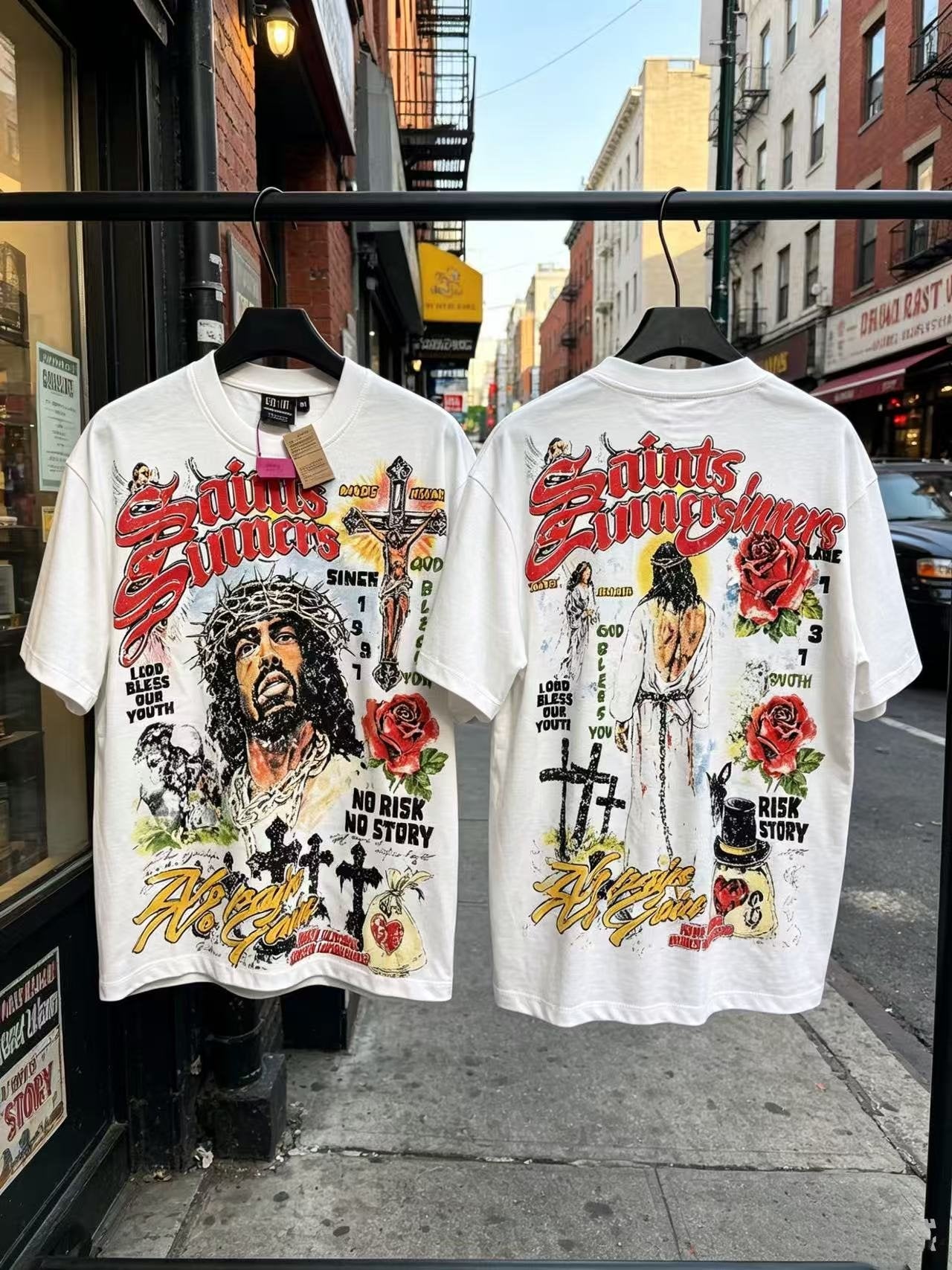 SAINT Religious-Inspired Graphic Short-Sleeve T-Shirt — context