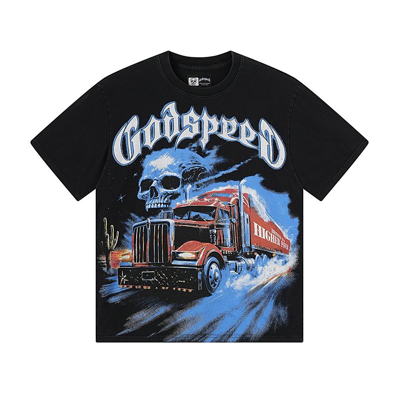 Godspeed Washed Black Truck Skull Graphic T-Shirt — front