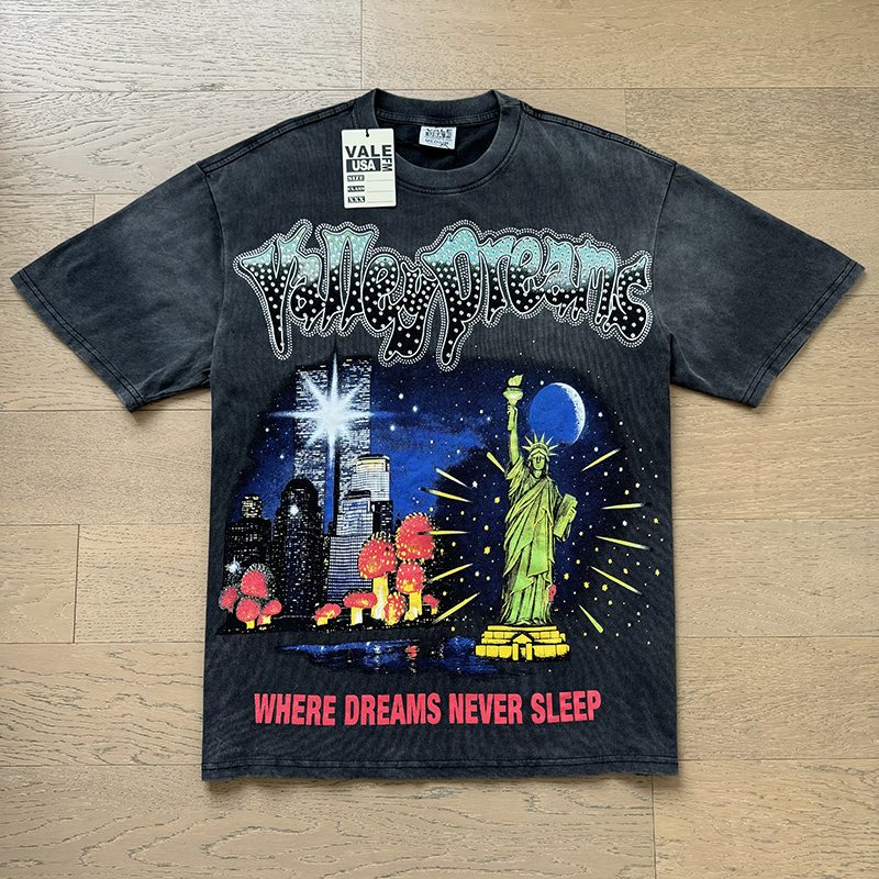 VALE USA Washed Black Rhinestone Graphic T-Shirt — front