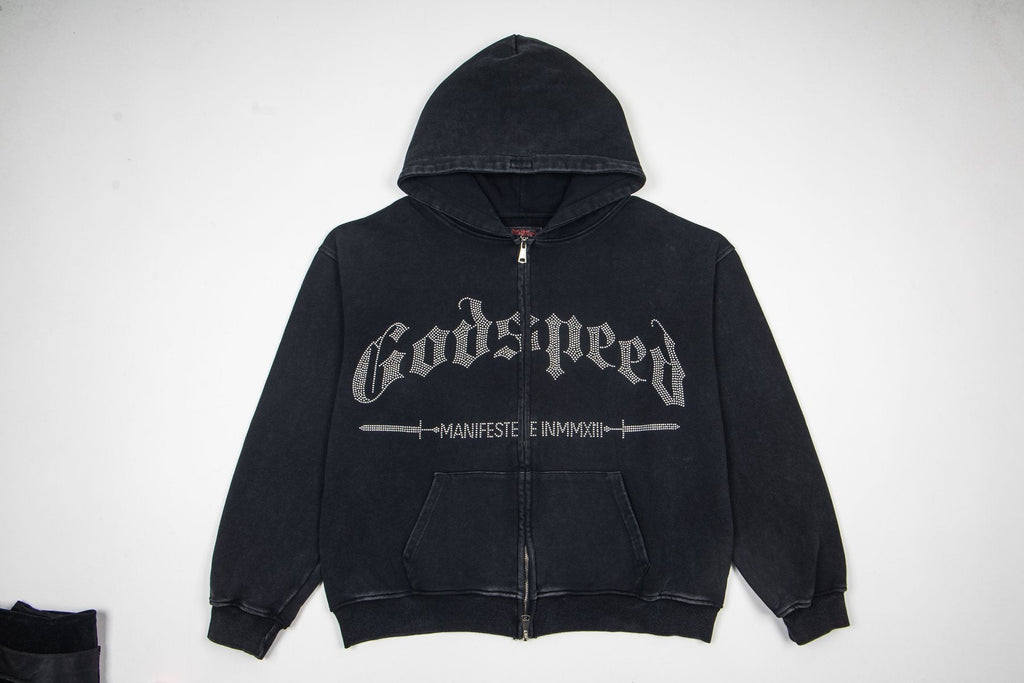 Godspeed Washed Gothic Graphic Full-Zip Hoodie — front