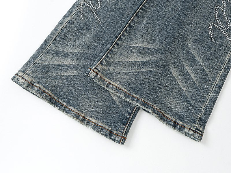 Purple Brand Rhinestone Script Flare Jeans — detail