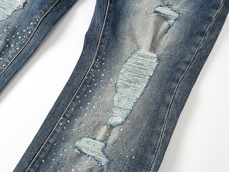 Purple Brand Rhinestone Distressed Flared Jeans — detail