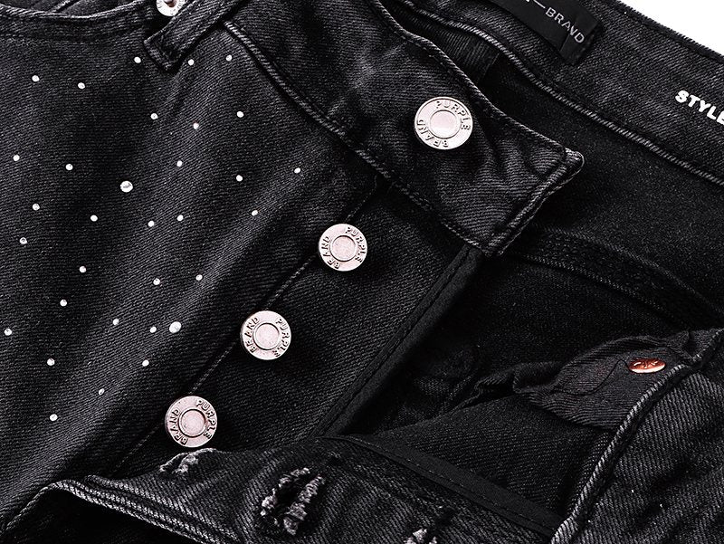 Purple Brand Rhinestone Washed Denim Shorts — detail
