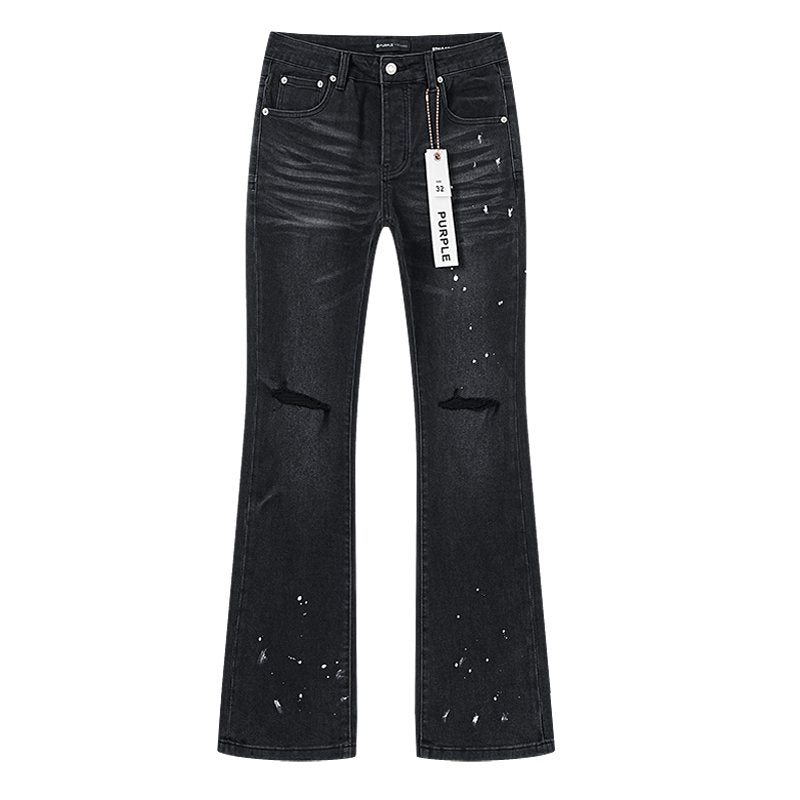 Purple Brand Black Paint-Splatter Distressed Flared Jeans — hero