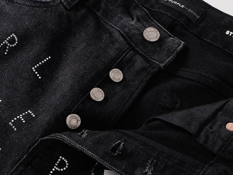 Purple Brand Black Rhinestone Graphic Denim Shorts — detail