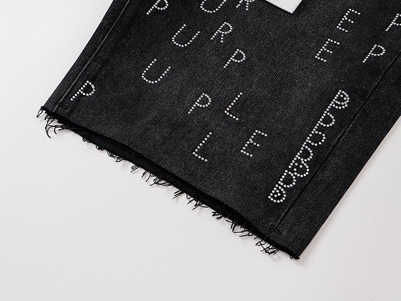 Purple Brand Black Rhinestone Graphic Denim Shorts — detail