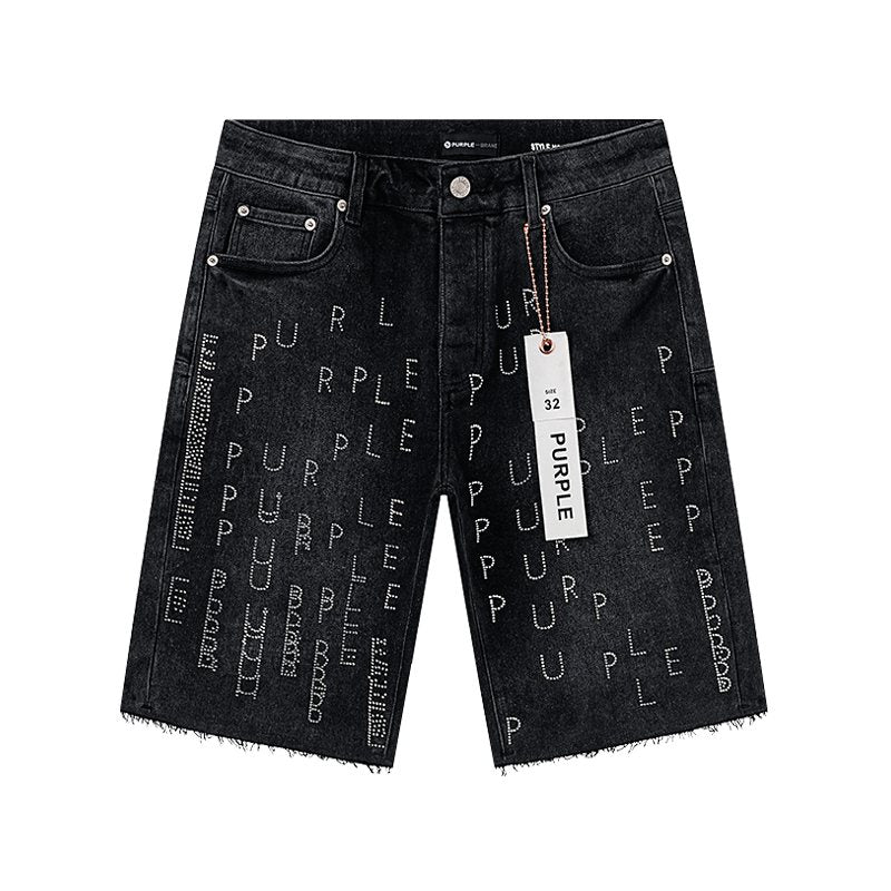 Purple Brand Black Rhinestone Graphic Denim Shorts — hero