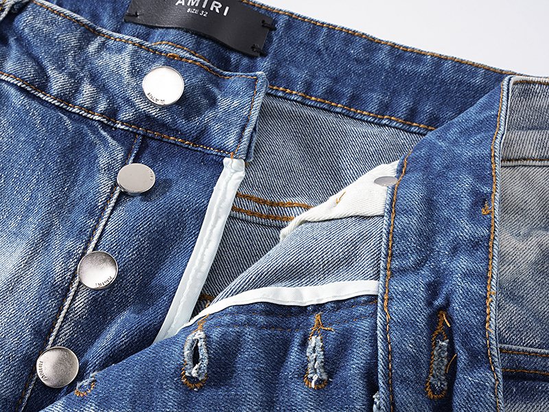 AMIRI Light Blue Distressed Ripped Knee Jeans — detail