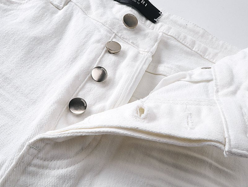 AMIRI White Distressed Moto Jeans — detail