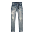 AMIRI Light Blue Distressed Letter Applique Jeans — front