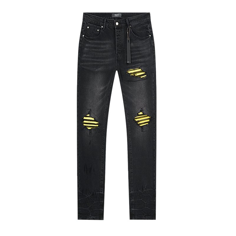 AMIRI Yellow-Backed Distressed Black Jeans — front