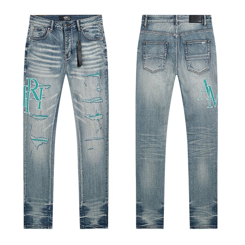 AMIRI Turquoise Embroidered Light Blue Jeans — hero