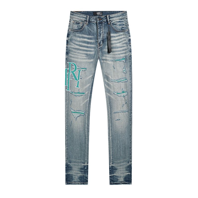 AMIRI Turquoise Embroidered Light Blue Jeans — front