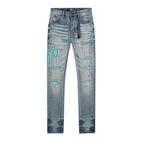AMIRI Turquoise Embroidered Light Blue Jeans — front