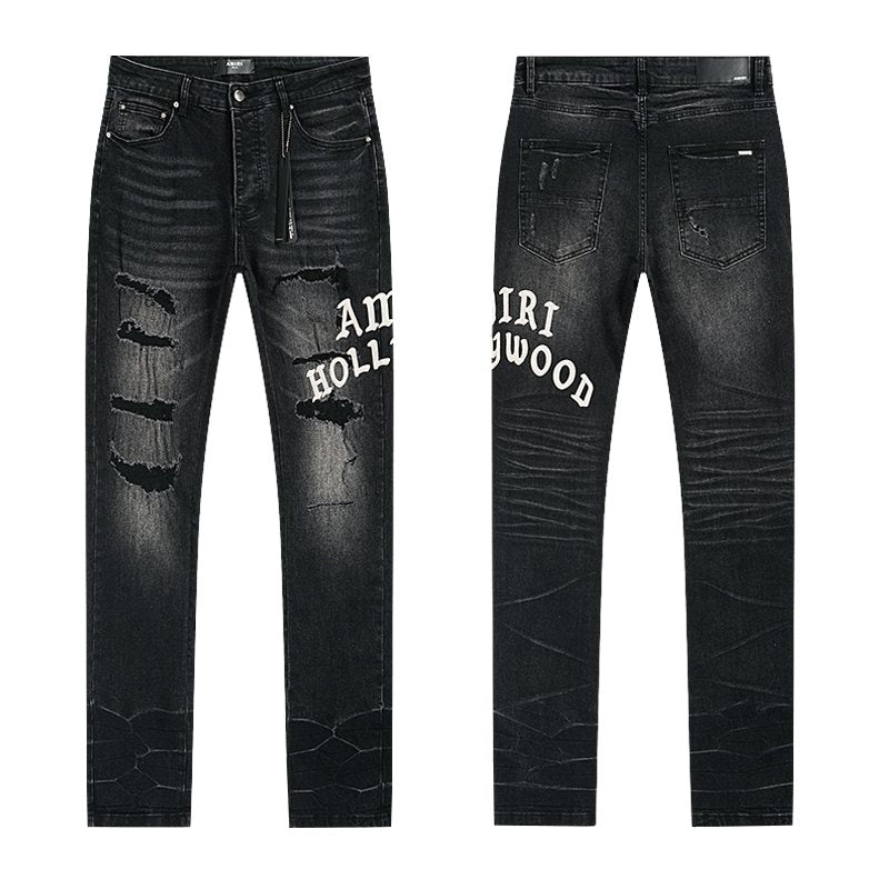 AMIRI Hollywood Lettering Distressed Jeans in Black — hero