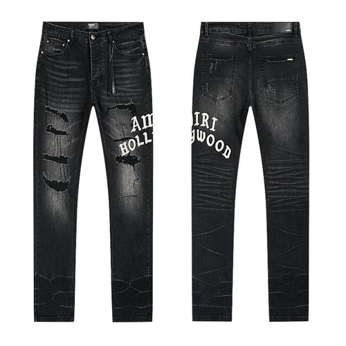 AMIRI Hollywood Lettering Distressed Jeans in Black — hero