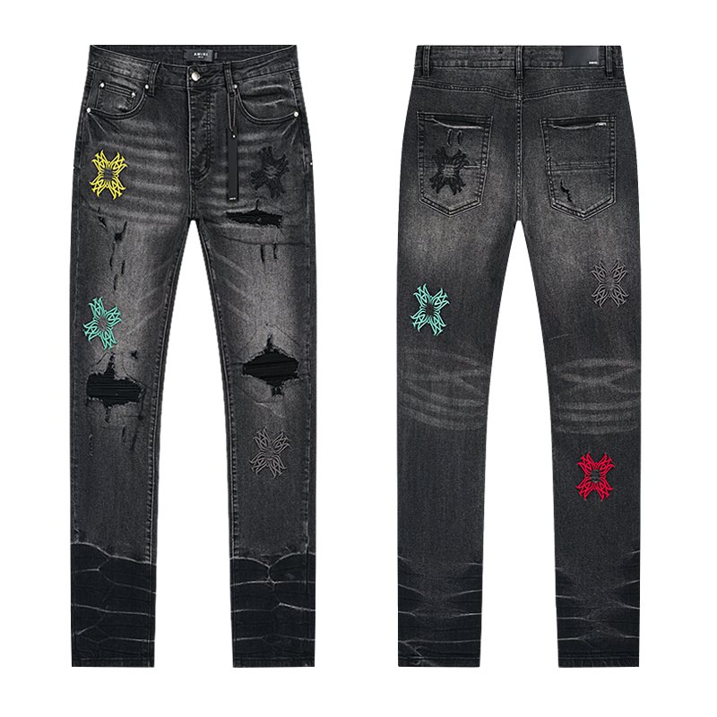AMIRI Black Distressed Embroidered Jeans — hero