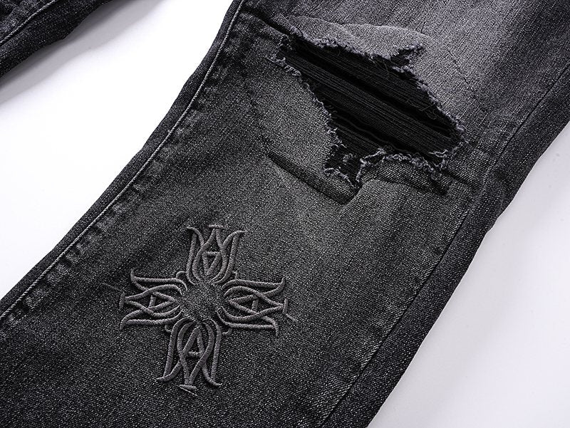 AMIRI Black Distressed Embroidered Jeans — detail