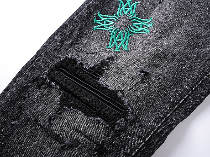 AMIRI Black Distressed Embroidered Jeans — detail