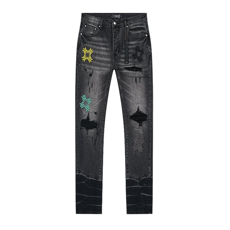 AMIRI Black Distressed Embroidered Jeans — front