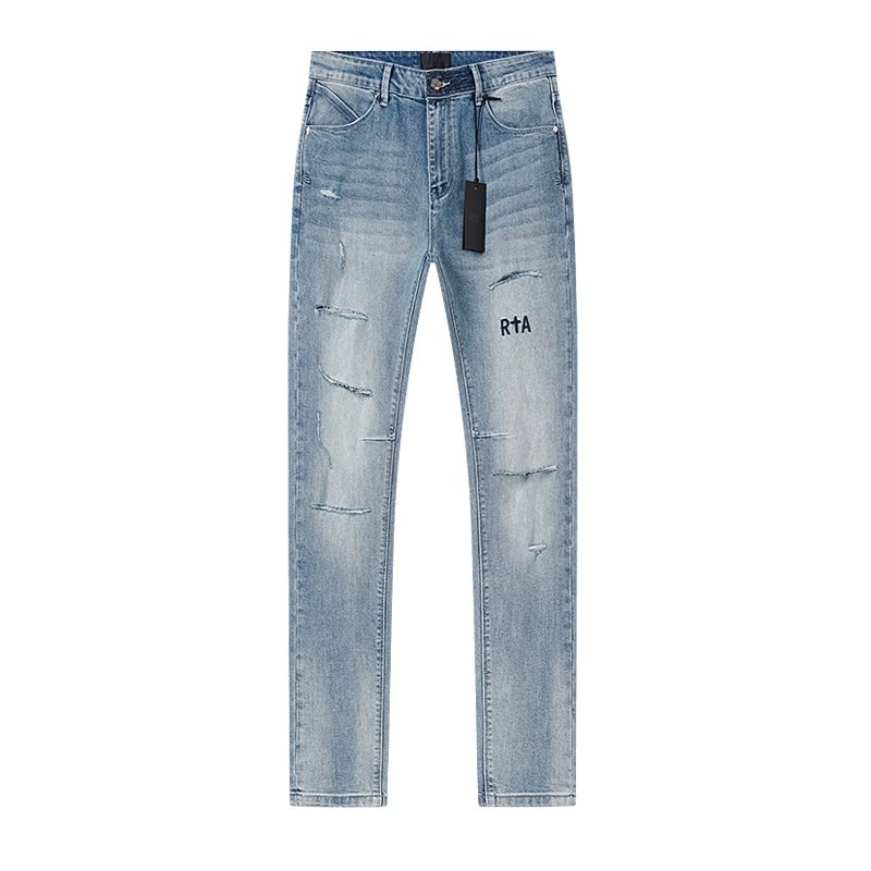 R+A Light Blue Distressed Straight-Leg Jeans — front