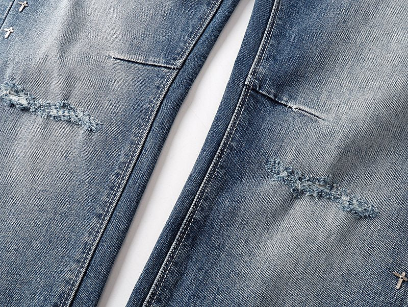 R+A Studded Distressed Blue Jeans — detail