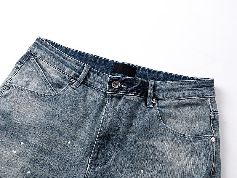 R+A Light Blue Distressed Paint Speckle Jeans — detail