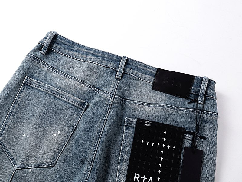R+A Light Blue Distressed Paint Speckle Jeans — detail