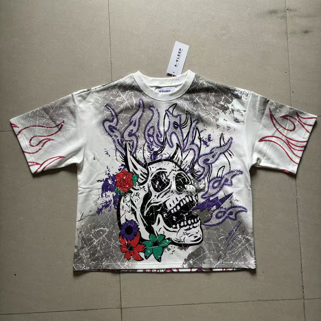KLEEP Skull Flame Distressed Graphic T-Shirt — front