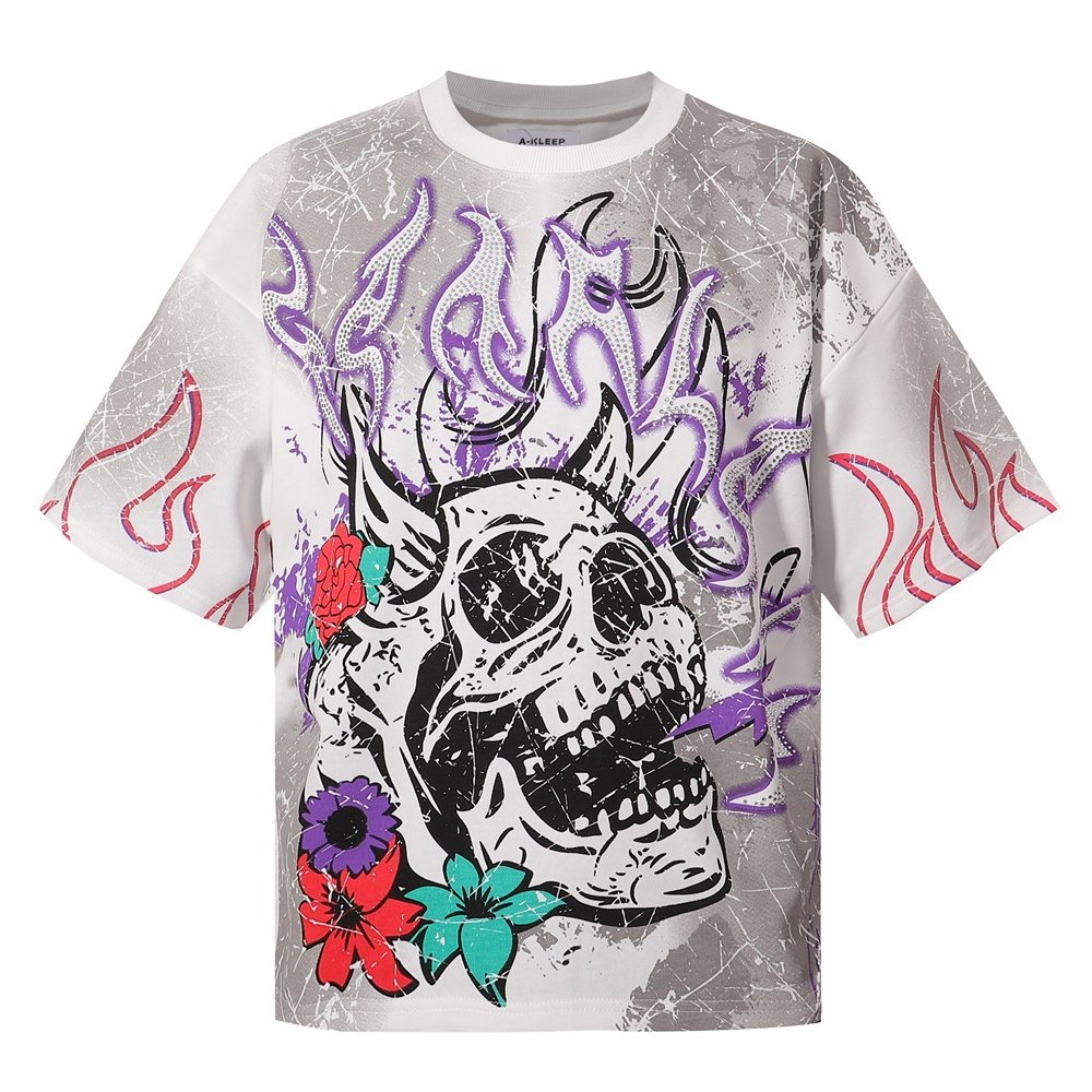 KLEEP Skull Flame Distressed Graphic T-Shirt — hero