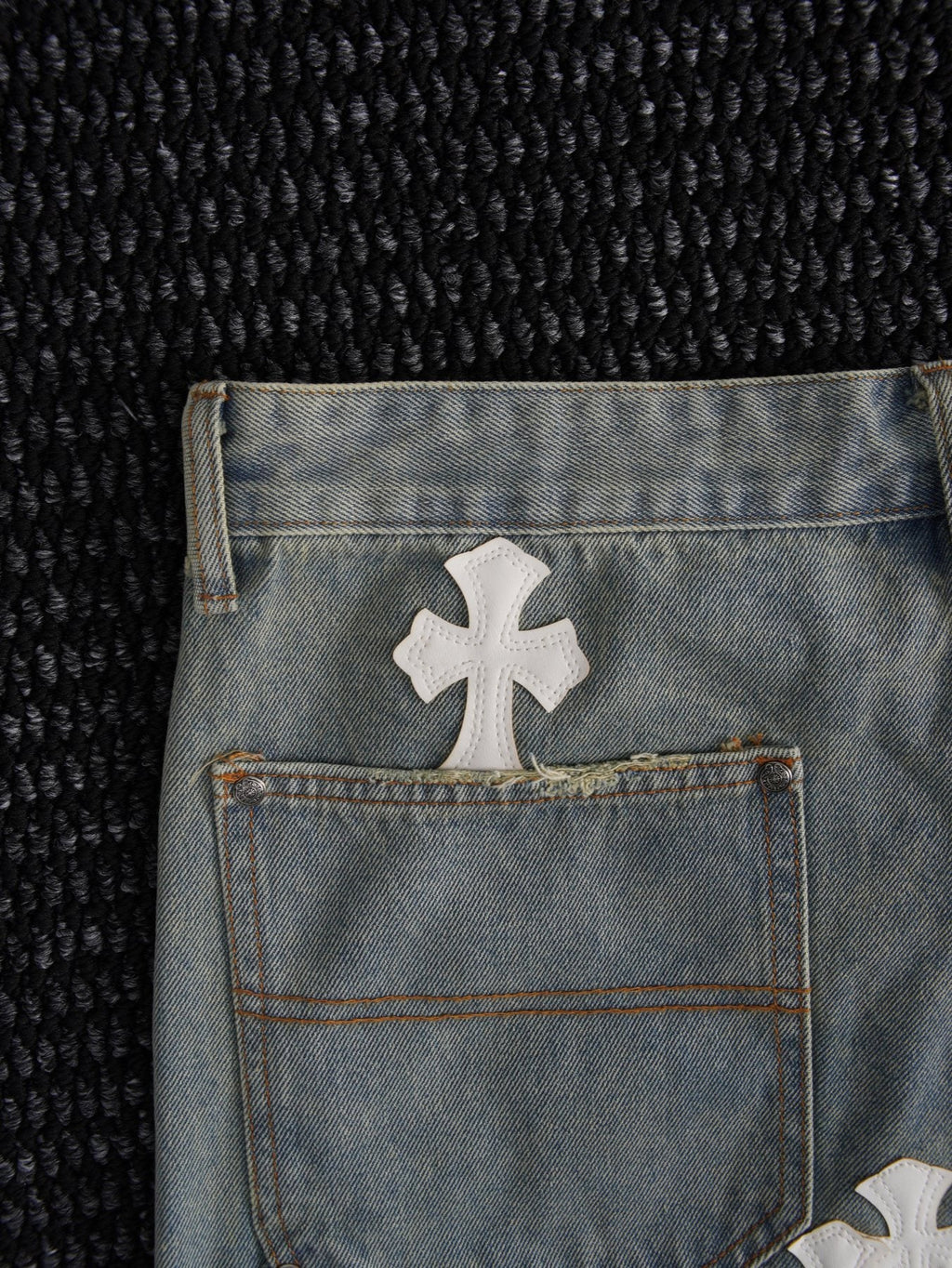 Chrome Hearts Cross Patch Light Blue Denim Shorts — detail