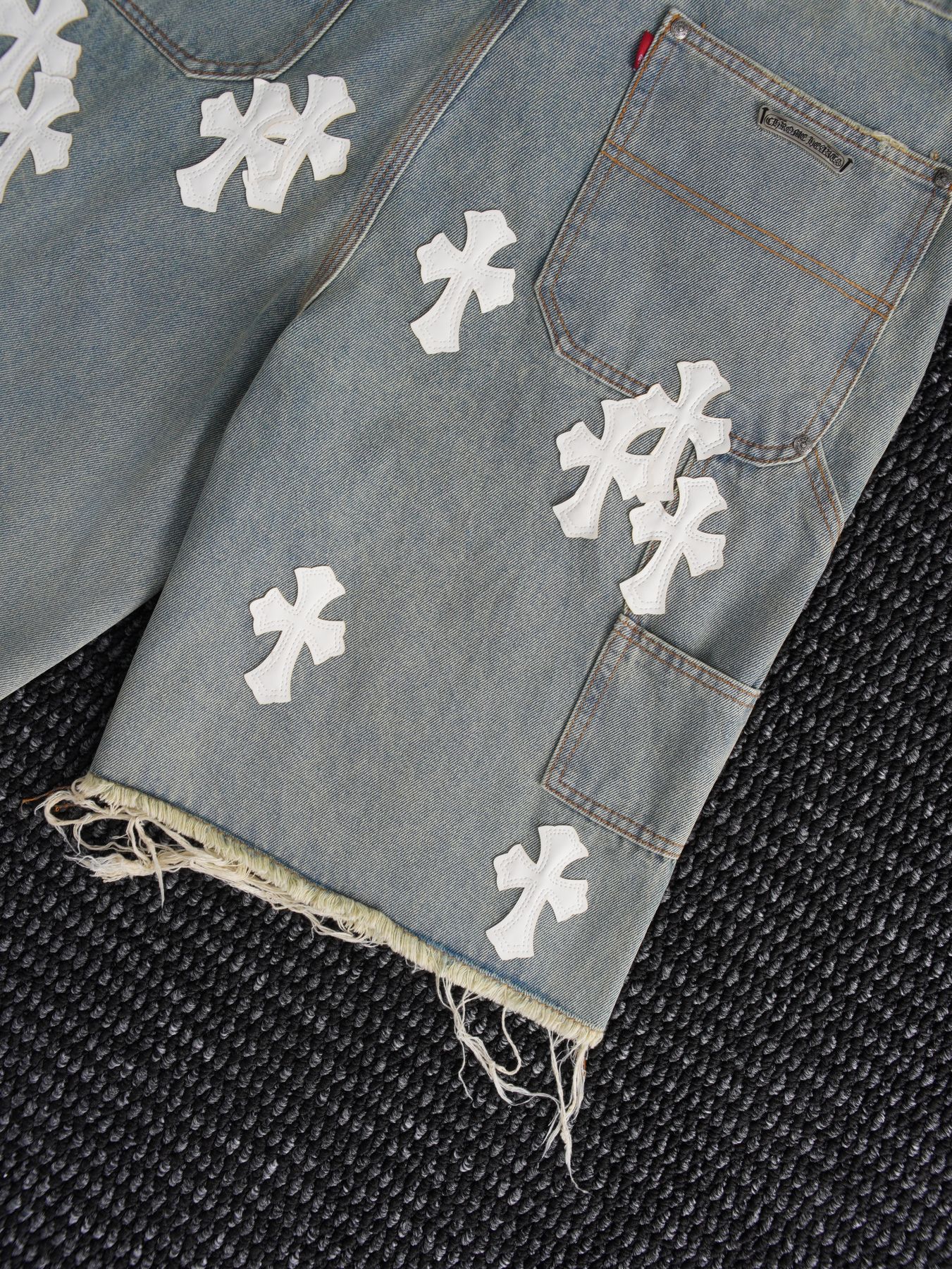 Chrome Hearts Cross Patch Light Blue Denim Shorts — detail