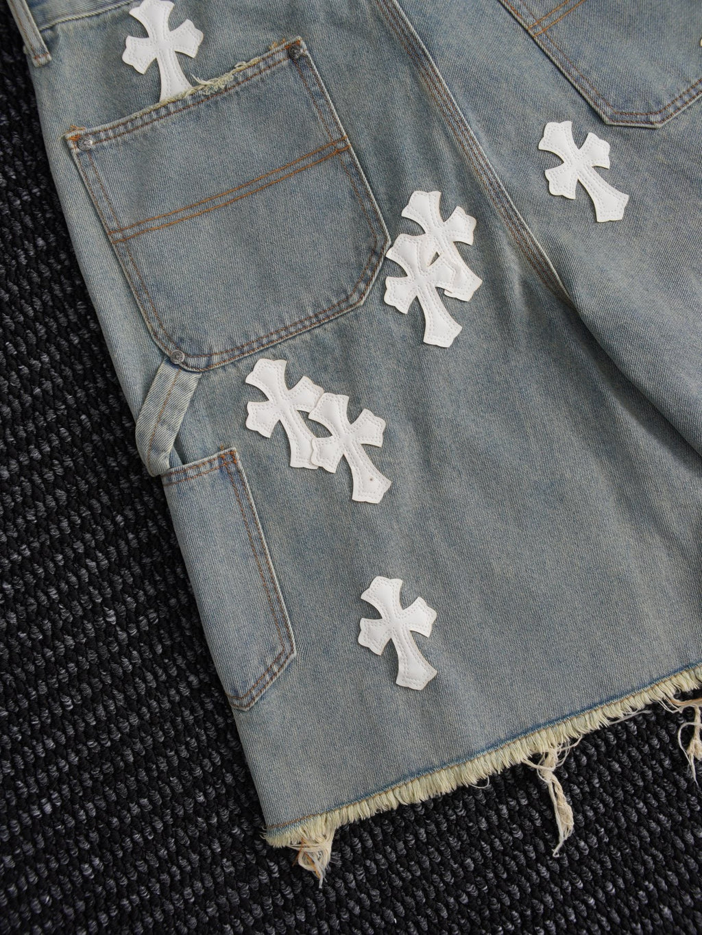 Chrome Hearts Cross Patch Light Blue Denim Shorts — detail