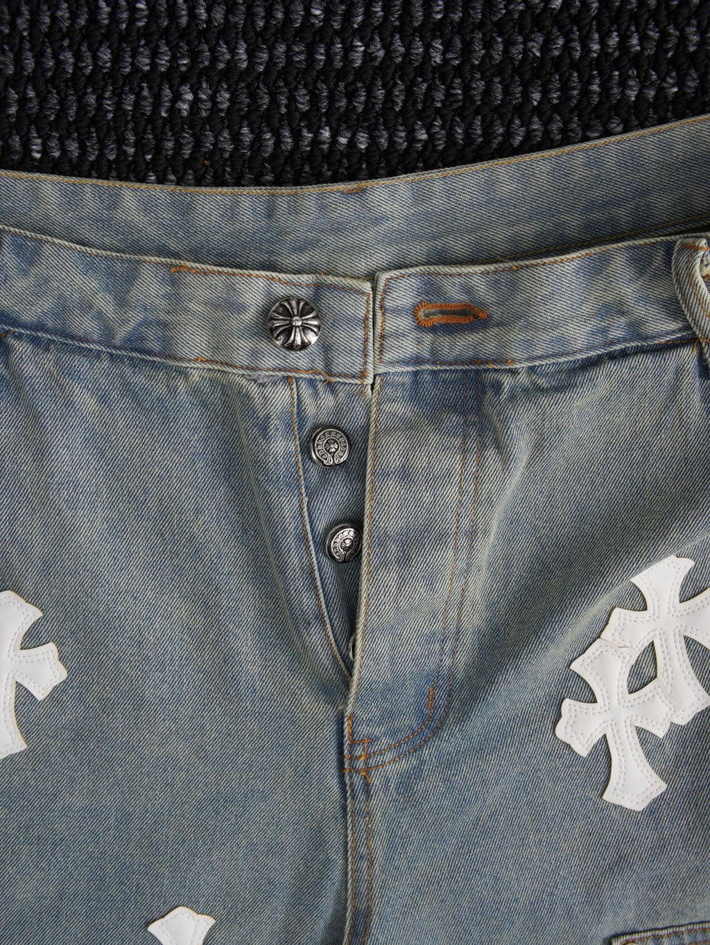 Chrome Hearts Cross Patch Light Blue Denim Shorts — detail