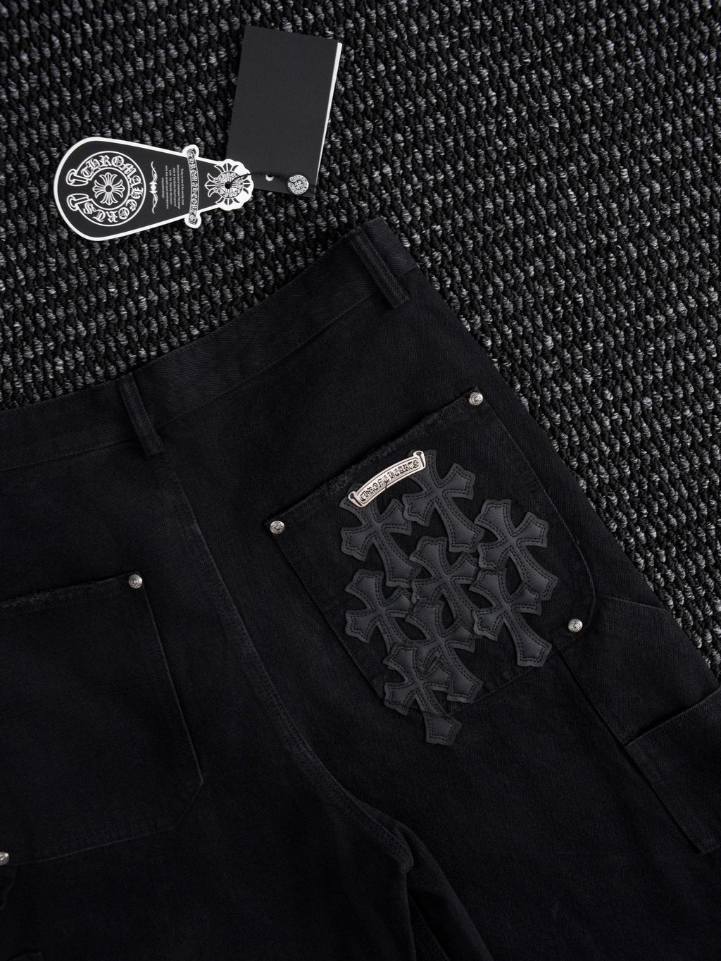 Chrome Hearts Black Graphic Appliqué Denim Cargo Shorts — detail