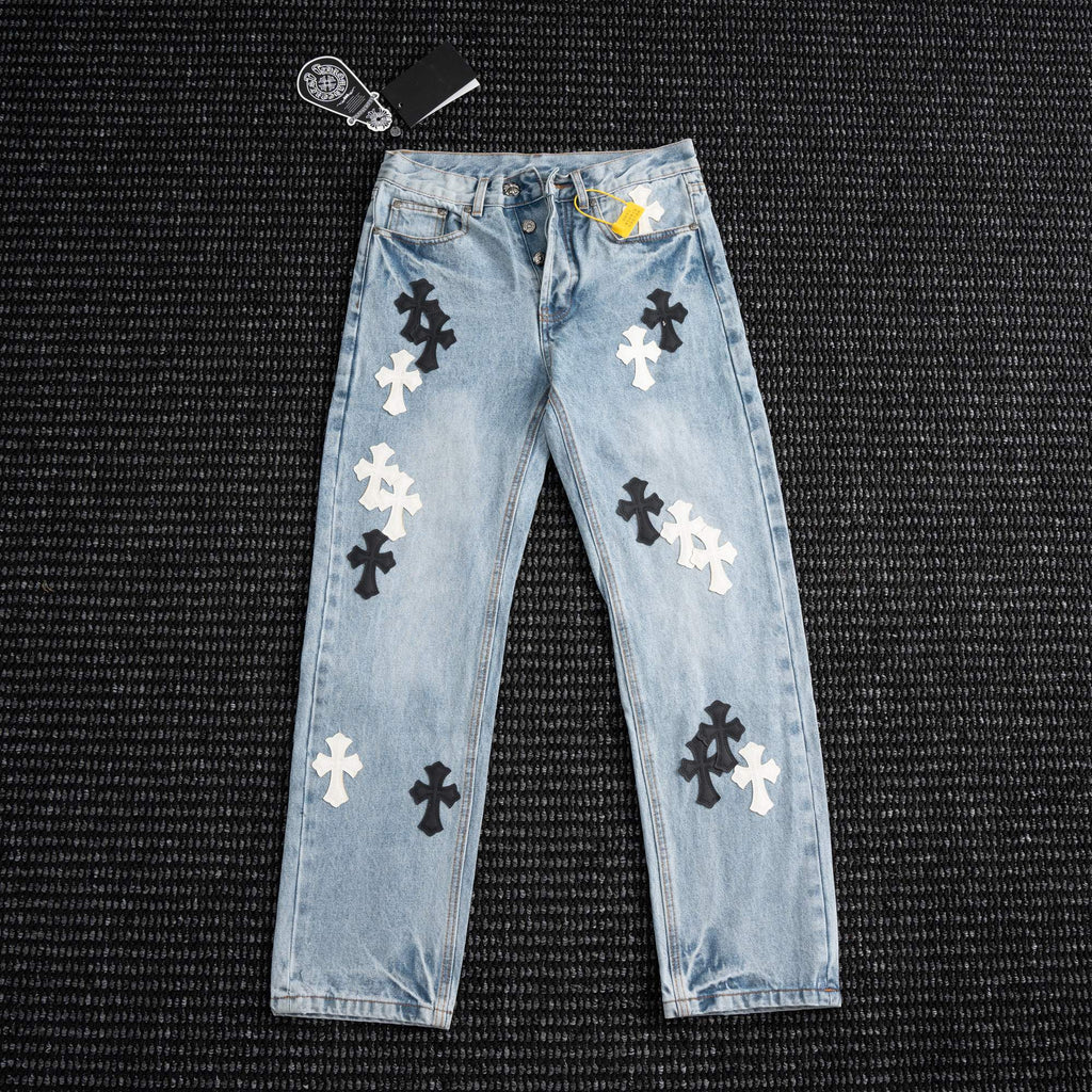 Chrome Hearts Light Blue Cross Patch Jeans — hero