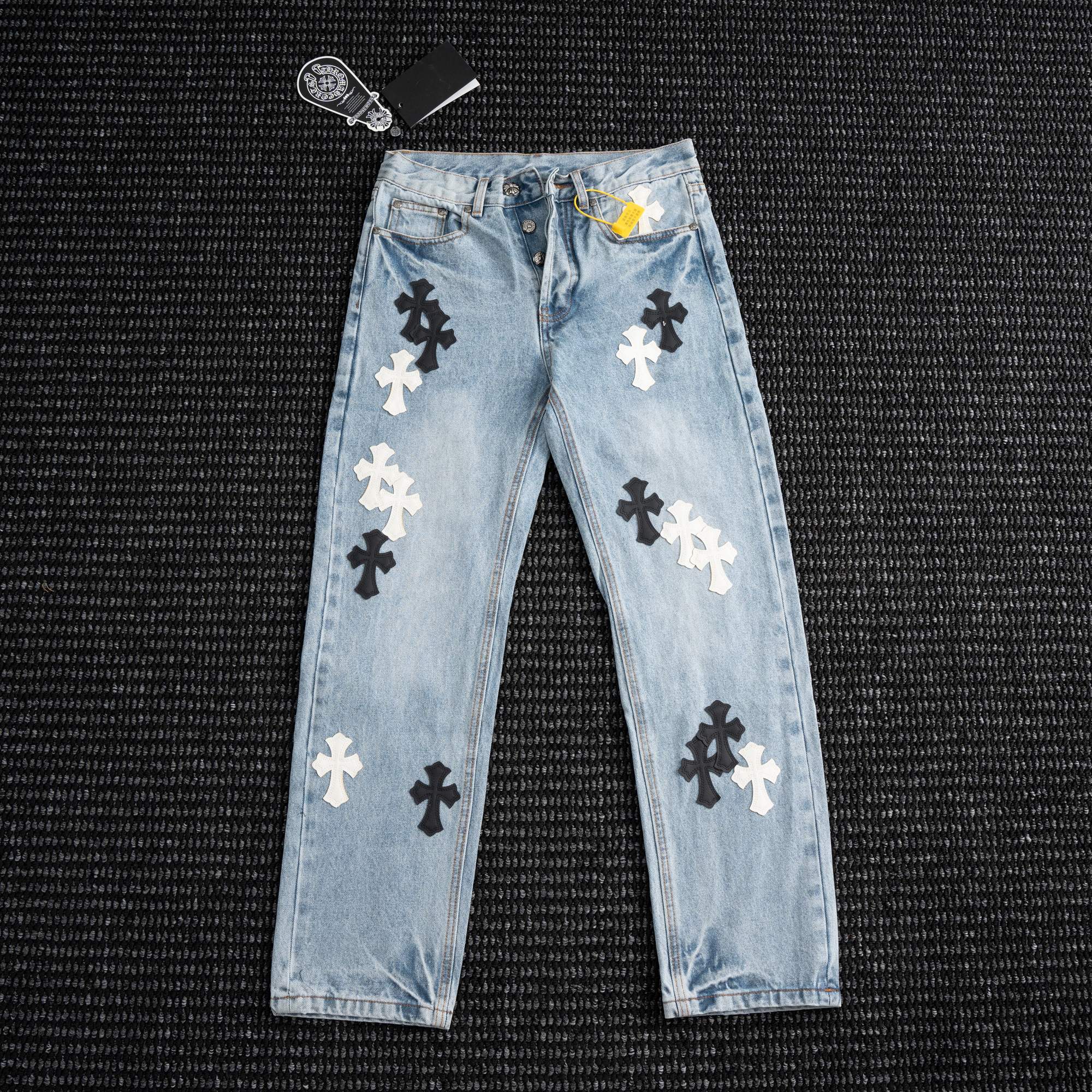 Chrome Hearts Light Blue Cross Patch Jeans — hero